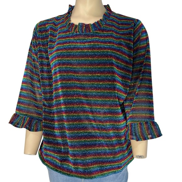The Tiny Tassel Rainbow Shimmer Striped Ruffle Sleeve and Collar Top Size XL - Picture 1 of 9